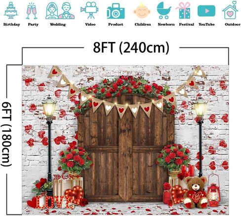 Mocsicka Rustic Wood Door Red Roses Backdrop Love Hearts Brick Wall Background Romantic Valentine's Day Party Decoration Supplies Photo Booth Props (7x5ft) in Saudi Arabia