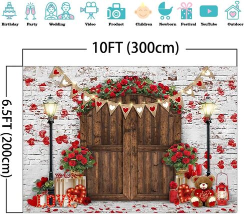 Mocsicka Rustic Wood Door Red Roses Backdrop Love Hearts Brick Wall Background Romantic Valentine's Day Party Decoration Supplies Photo Booth Props (7x5ft) in Saudi Arabia