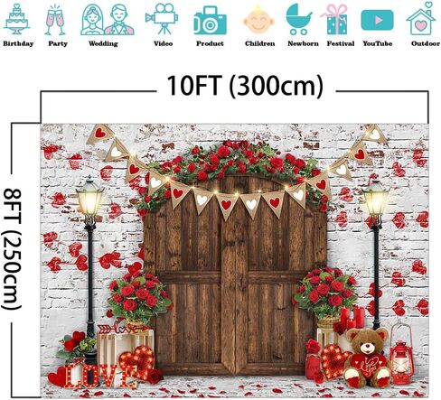 Mocsicka Rustic Wood Door Red Roses Backdrop Love Hearts Brick Wall Background Romantic Valentine's Day Party Decoration Supplies Photo Booth Props (7x5ft) in Saudi Arabia