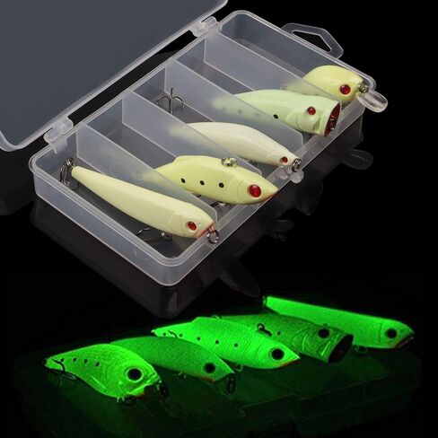 Glow Fishing Lure Bait Kit - 5pcs Luminous Fishing Bait VIB Popper Crank Minnow Pencil Artificial Lures with Tackle Box for Bass Saltwater Freshwater in Saudi Arabia