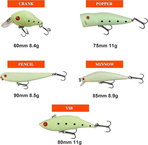 Glow Fishing Lure Bait Kit - 5pcs Luminous Fishing Bait VIB Popper Crank Minnow Pencil Artificial Lures with Tackle Box for Bass Saltwater Freshwater in Saudi Arabia