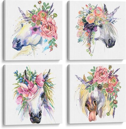 Something Unicorn - Stretched/Framed, Ready to Hang Canvas Wall Art for Girl's Bedroom. Super Cute Water Color Unicorn Prints for Teens or Girls Bedroom Decor. Set of 4. 12x12in - Floral Unicorn in Kuwait