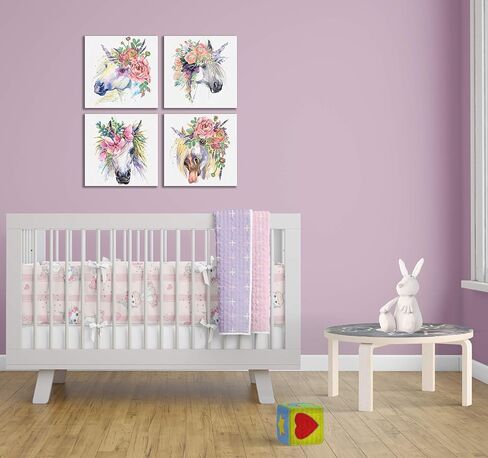 Something Unicorn - Stretched/Framed, Ready to Hang Canvas Wall Art for Girl's Bedroom. Super Cute Water Color Unicorn Prints for Teens or Girls Bedroom Decor. Set of 4. 12x12in - Floral Unicorn in Kuwait