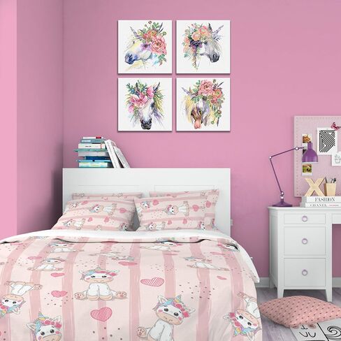 Something Unicorn - Stretched/Framed, Ready to Hang Canvas Wall Art for Girl's Bedroom. Super Cute Water Color Unicorn Prints for Teens or Girls Bedroom Decor. Set of 4. 12x12in - Floral Unicorn in Kuwait