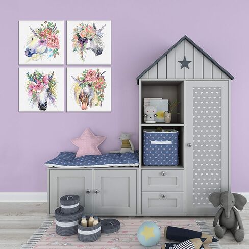Something Unicorn - Stretched/Framed, Ready to Hang Canvas Wall Art for Girl's Bedroom. Super Cute Water Color Unicorn Prints for Teens or Girls Bedroom Decor. Set of 4. 12x12in - Floral Unicorn in Kuwait