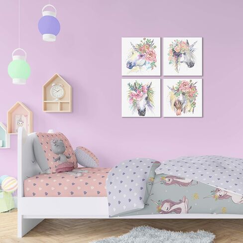 Something Unicorn - Stretched/Framed, Ready to Hang Canvas Wall Art for Girl's Bedroom. Super Cute Water Color Unicorn Prints for Teens or Girls Bedroom Decor. Set of 4. 12x12in - Floral Unicorn in Kuwait