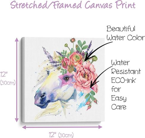 Something Unicorn - Stretched/Framed, Ready to Hang Canvas Wall Art for Girl's Bedroom. Super Cute Water Color Unicorn Prints for Teens or Girls Bedroom Decor. Set of 4. 12x12in - Floral Unicorn in Kuwait