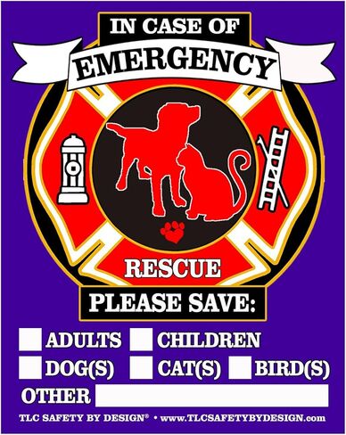 TLC Safety By Design تنبيه السلامة من الحرائق والإنقاذ في حالات الطوارئ للأطفال والبالغين والكلاب والقطط مقاس 4.25 بوصة × 5.5 بوصة خلف الزجاج أو الجزء الأمامي من نافذة السطح ملصق لاصق لاصق (الكمية 2 خلف الزجاج) in Kuwait