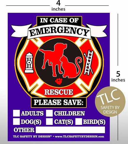 TLC Safety By Design تنبيه السلامة من الحرائق والإنقاذ في حالات الطوارئ للأطفال والبالغين والكلاب والقطط مقاس 4.25 بوصة × 5.5 بوصة خلف الزجاج أو الجزء الأمامي من نافذة السطح ملصق لاصق لاصق (الكمية 2 خلف الزجاج) in Kuwait