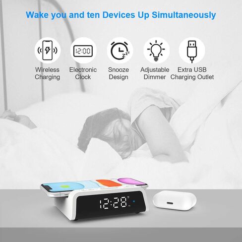 Alarm Clock with 15W Fast Wireless Charging Pad, Snooze Alarm Clock with 4 Brightness 12/24H,Compatible with iPhone, Samsung Galaxy,LG,AirPods Wireless Charger for Bedroom,Additional USB Port in Saudi Arabia