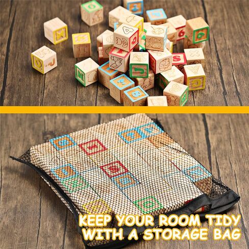 SainSmart Jr. مجموعة مكعبات الحروف الأبجدية الخشبية ABC، 40 قطعة لعبة خشبية كلاسيكية لتكديس بناء التعلم التعليمي، مع حقيبة شبكية لعدد الحروف لمرحلة ما قبل المدرسة للأعمار 3 4 5 6 أطفال صغار، 1.2 بوصة in Kuwait