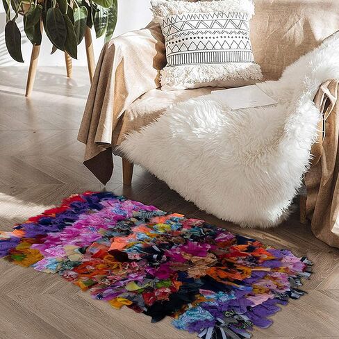 Chardin home Rainbow Shag Rug Denim Blues and White | Boho Rug for Bedroom, Kitchen, Entrance Bathroom and More | Recycled Rag chindi Shaggy Rug 20x30 Inches in Saudi Arabia
