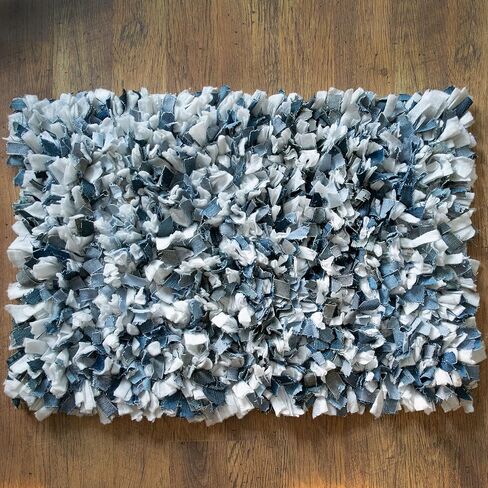 Chardin home Rainbow Shag Rug Denim Blues and White | Boho Rug for Bedroom, Kitchen, Entrance Bathroom and More | Recycled Rag chindi Shaggy Rug 20x30 Inches in Saudi Arabia