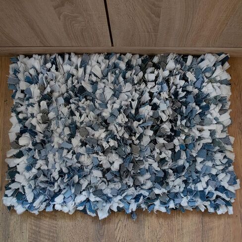 Chardin home Rainbow Shag Rug Denim Blues and White | Boho Rug for Bedroom, Kitchen, Entrance Bathroom and More | Recycled Rag chindi Shaggy Rug 20x30 Inches in Saudi Arabia