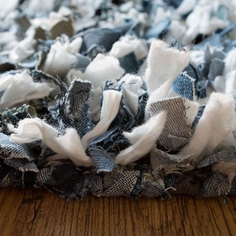 Chardin home Rainbow Shag Rug Denim Blues and White | Boho Rug for Bedroom, Kitchen, Entrance Bathroom and More | Recycled Rag chindi Shaggy Rug 20x30 Inches in Saudi Arabia