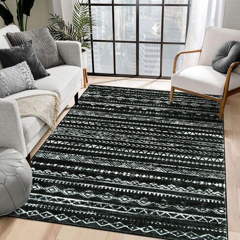 Lahome 8x10 Living Room Rugs, Washable Rug Soft Bedroom Neutral Large Area Rug with Geometric, Moroccan Soft Rug Non Slip Non-Shedding Low Pile Carpet for Dining Room Office, Black/White in Saudi Arabia