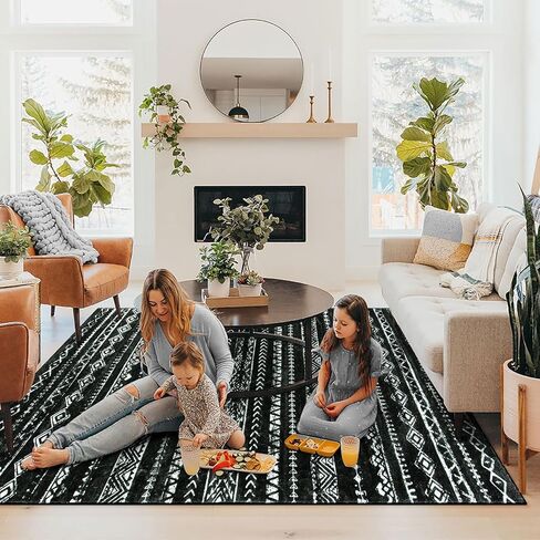 Lahome 8x10 Living Room Rugs, Washable Rug Soft Bedroom Neutral Large Area Rug with Geometric, Moroccan Soft Rug Non Slip Non-Shedding Low Pile Carpet for Dining Room Office, Black/White in Saudi Arabia
