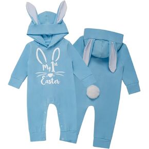 bakjuno Newborn Baby Boys Girls My 1st Easter 3D Bunny Ear Hooded Romper Rabbit Tail Jumpsuit