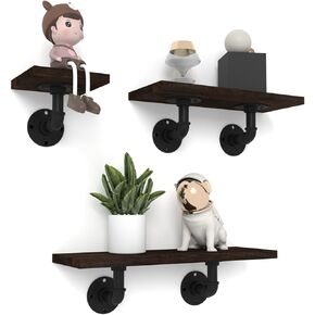 Edenseelake Industrial Pipe Wall Shelves, 3-Tier Rustic Wood Floating Shelves for Bathroom, Bedroom, Living Room, Kitchen, and Home Decor in Kuwait