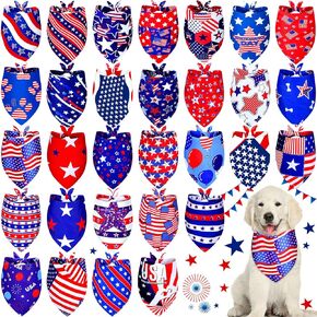 Loopeer 30 Pcs 4th of July Dog Bandanas Bulk for Dogs Memorial Day Dog Bandanas Gifts Independence Day Patriotic Star Bandanas National Flag Star Pet Scarf Adjustable Washable for Pets Cats Dogs