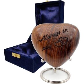 Wooden Heart Keepsake Urn - Mini Ash Urn Small Handcrafted Cremation Urn for Ashes - Tribute to Your Loved One - Perfect for Adults & Infants with Free Premium Velvet Box & Display Stand (Wooden Urn)
