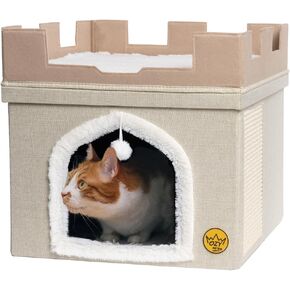 سرير قطط متين من Ozy Pets للقطط الداخلية – بيت حيوانات أليفة قابل للطي – تصميم قلعة – كهف قطط بغطاء قابل للإزالة، مخبأ، وسادة خدش وكرة معلقة – سهل التجميع – أثاث جمالي in Kuwait