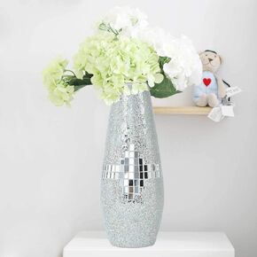 Decorative Shine Vase Stunning Handmade Mosaic Crackle Glass House Decor Table Centerpieces Modern Room Decoration (Silver) in Saudi Arabia