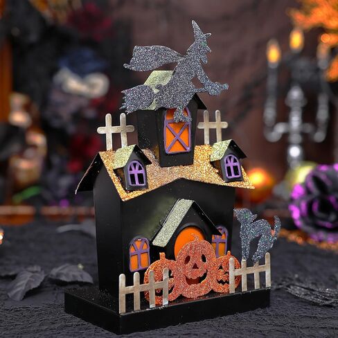 Jusdreen Halloween ديكور سطح الطاولة، لوح حديدي مسكون ببيت الأشباح مع زخرفة إضاءة LED، لافتة الهالوين في الأماكن المغلقة لتزيين طاولة المطبخ، 11.4 بوصة in Kuwait