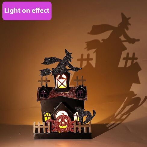 Jusdreen Halloween ديكور سطح الطاولة، لوح حديدي مسكون ببيت الأشباح مع زخرفة إضاءة LED، لافتة الهالوين في الأماكن المغلقة لتزيين طاولة المطبخ، 11.4 بوصة in Kuwait