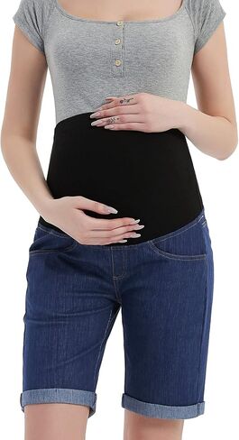 Bhome شورت جينز برمودا من قماش الدنيم فوق البطن بلوحة كاملة كاجوال للحمل in Kuwait