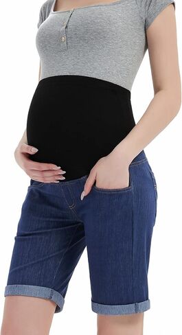 Bhome شورت جينز برمودا من قماش الدنيم فوق البطن بلوحة كاملة كاجوال للحمل in Kuwait