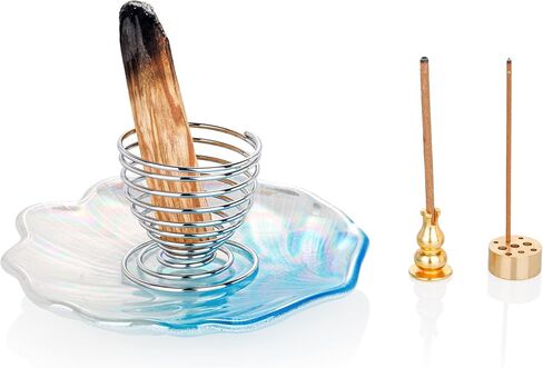 حامل بخور ZenBless 5 في 1، حامل بالو سانتو، موقد حكيم، حامل بخور لعصي البخور / البخور الملفوف / مخاريط البخور، 5.3 بوصة غلاف زجاجي لرماد الماسك لغرفة اليوغا التأمل (أزرق) in Kuwait