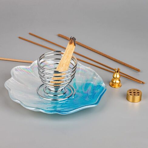 حامل بخور ZenBless 5 في 1، حامل بالو سانتو، موقد حكيم، حامل بخور لعصي البخور / البخور الملفوف / مخاريط البخور، 5.3 بوصة غلاف زجاجي لرماد الماسك لغرفة اليوغا التأمل (أزرق) in Kuwait