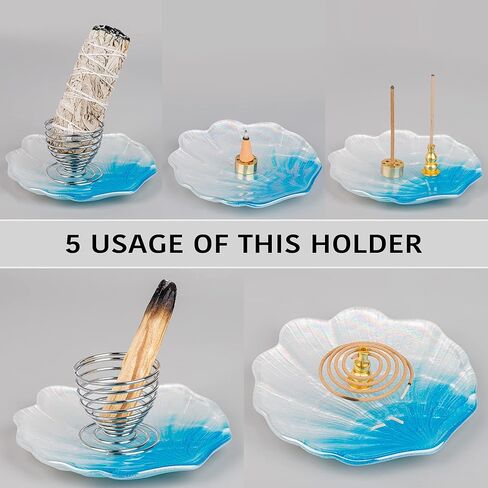 حامل بخور ZenBless 5 في 1، حامل بالو سانتو، موقد حكيم، حامل بخور لعصي البخور / البخور الملفوف / مخاريط البخور، 5.3 بوصة غلاف زجاجي لرماد الماسك لغرفة اليوغا التأمل (أزرق) in Kuwait