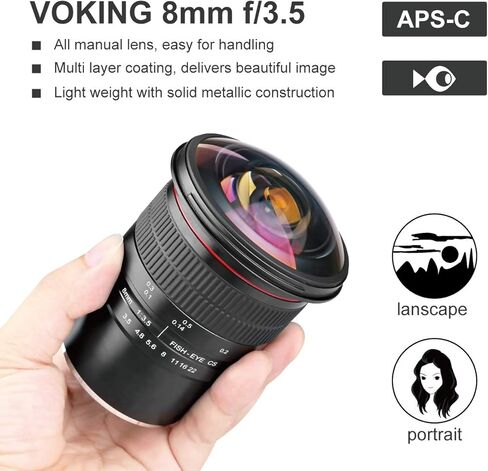 Voking 8mm f3.5 Ultra Wide Angle Manual Focus Rectangle Fisheye Lens for Fujifilm X Mount Camera X-Pro2 X-E3 X-T1 X-T2 X-T3 X-T4 X-T10 X-T20 X-A2 X-E2 X-T100 X-E1 X30 X70 X-M1 X-A1 X-T200 XPro1 X-S10 in Kuwait