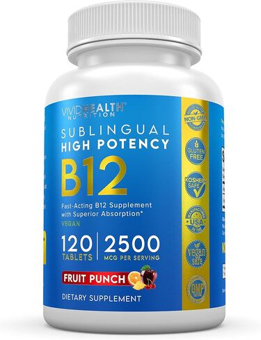Vivid Health Nutrition Energy Boosting Vitamin B12 Sublingual | Quick Dissolve Vegan B-12 with Methylcobalamin for Metabolic & Brain Support, 120 Fruit Punch Tablets in Saudi Arabia