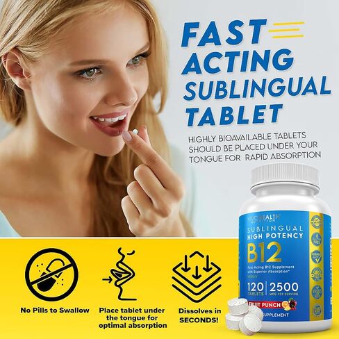 Vivid Health Nutrition Energy Boosting Vitamin B12 Sublingual | Quick Dissolve Vegan B-12 with Methylcobalamin for Metabolic & Brain Support, 120 Fruit Punch Tablets in Saudi Arabia