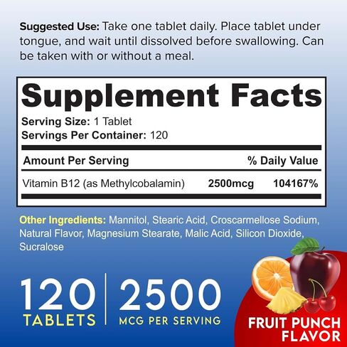 Vivid Health Nutrition Energy Boosting Vitamin B12 Sublingual | Quick Dissolve Vegan B-12 with Methylcobalamin for Metabolic & Brain Support, 120 Fruit Punch Tablets in Saudi Arabia