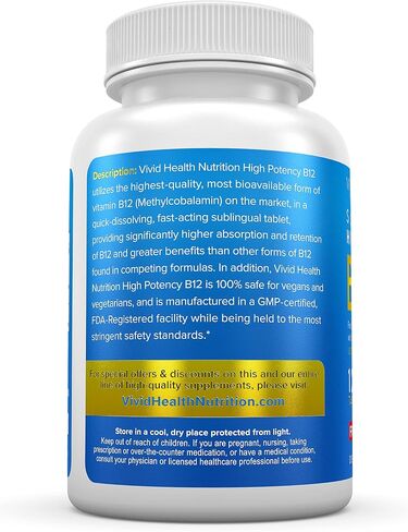 Vivid Health Nutrition Energy Boosting Vitamin B12 Sublingual | Quick Dissolve Vegan B-12 with Methylcobalamin for Metabolic & Brain Support, 120 Fruit Punch Tablets in Saudi Arabia