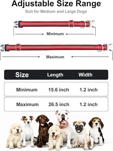 طوق كلب عاكس، طوق كلب من النايلون للكلاب الكبيرة والكلاب المتوسطة - أطواق جرو قابلة للتعديل مع مشبك معدني سريع التحرير - أطواق حيوانات أليفة ناعمة مبطنة بالنيوبرين قابلة للتنفس باللون الأحمر in Kuwait