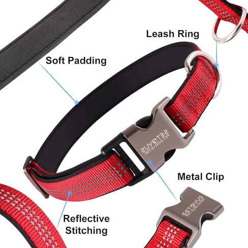 طوق كلب عاكس، طوق كلب من النايلون للكلاب الكبيرة والكلاب المتوسطة - أطواق جرو قابلة للتعديل مع مشبك معدني سريع التحرير - أطواق حيوانات أليفة ناعمة مبطنة بالنيوبرين قابلة للتنفس باللون الأحمر in Kuwait