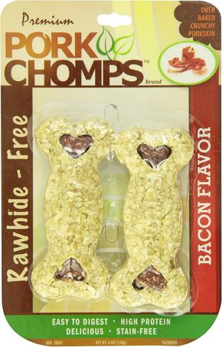 Pork Chomps Dog Chews, 4-inch Crunchy Bones, Bacon Flavor, 2 Count in Kuwait