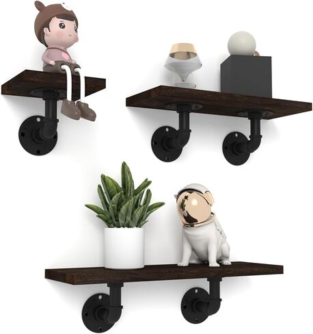 Edenseelake Industrial Pipe Wall Shelves, 3-Tier Rustic Wood Floating Shelves for Bathroom, Bedroom, Living Room, Kitchen, and Home Decor in Kuwait