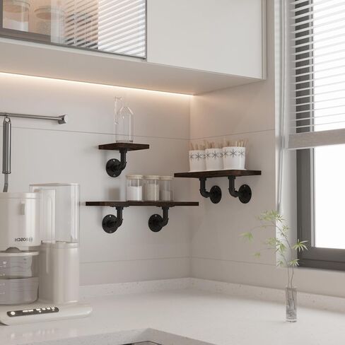 Edenseelake Industrial Pipe Wall Shelves, 3-Tier Rustic Wood Floating Shelves for Bathroom, Bedroom, Living Room, Kitchen, and Home Decor in Kuwait