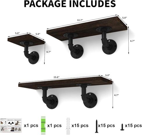 Edenseelake Industrial Pipe Wall Shelves, 3-Tier Rustic Wood Floating Shelves for Bathroom, Bedroom, Living Room, Kitchen, and Home Decor in Kuwait