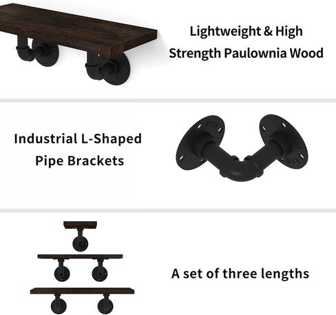 Edenseelake Industrial Pipe Wall Shelves, 3-Tier Rustic Wood Floating Shelves for Bathroom, Bedroom, Living Room, Kitchen, and Home Decor in Kuwait