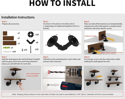 Edenseelake Industrial Pipe Wall Shelves, 3-Tier Rustic Wood Floating Shelves for Bathroom, Bedroom, Living Room, Kitchen, and Home Decor in Kuwait