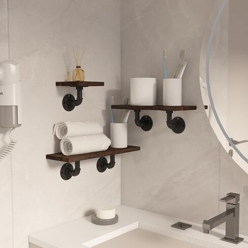 Edenseelake Industrial Pipe Wall Shelves, 3-Tier Rustic Wood Floating Shelves for Bathroom, Bedroom, Living Room, Kitchen, and Home Decor in Kuwait