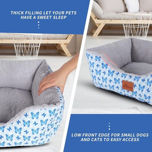 IEUUMLER Dog Beds for Medium Small Dogs, Cuddler Soft Dog Sofa Bed, Calming Rectangle Sleeping Beds for Indoor Cat & Puppy with Anti-Slip Bottom EU006 (Blue Butterfly, M) in Kuwait
