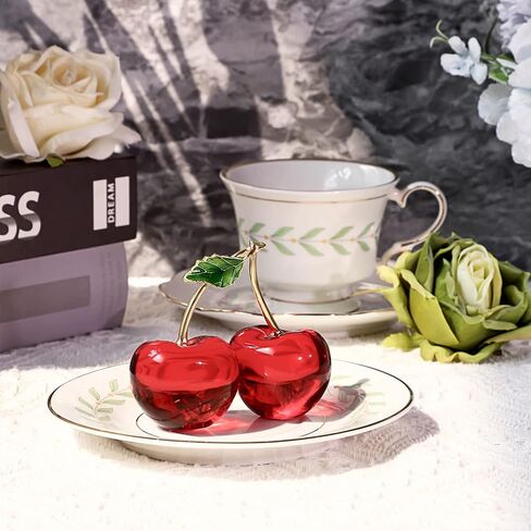 OwnMy Crystal Cherry Figurine Small Crystal Cherry Ornament Decorative Crystal Fruit Collectible Figurines, Sparkly Crystal Glass Cherry Paperweight for Tabletop Centerpiece Home Office Desktop Decor in Saudi Arabia